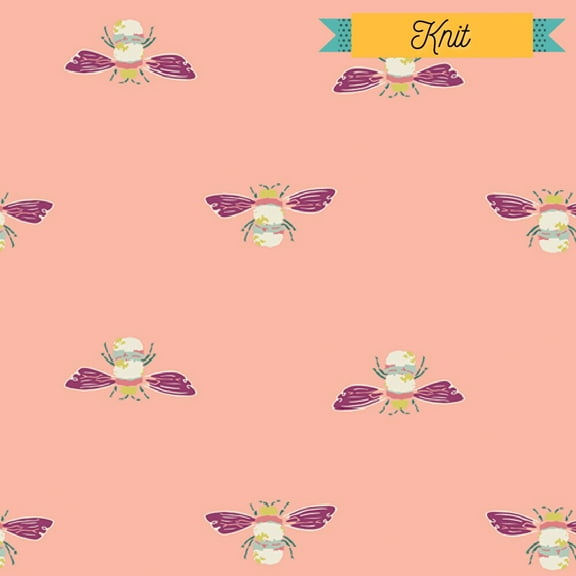 Coral bumble bee KNIT fabric, Art Gallery Garden Dreamer Boho fabric, Sold by the Quarter Yard