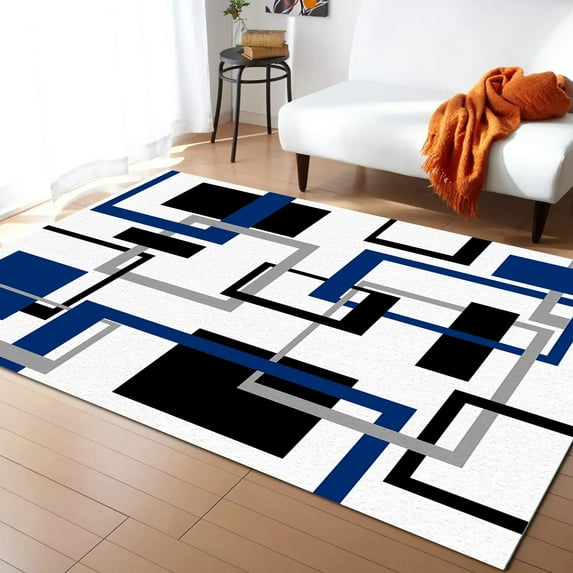 Coral velvet Abstract Geometric Squares Black Blue Carpet Area Rug Children's Room Living Room Bedroom Home Play Decoration Large Floor Mat