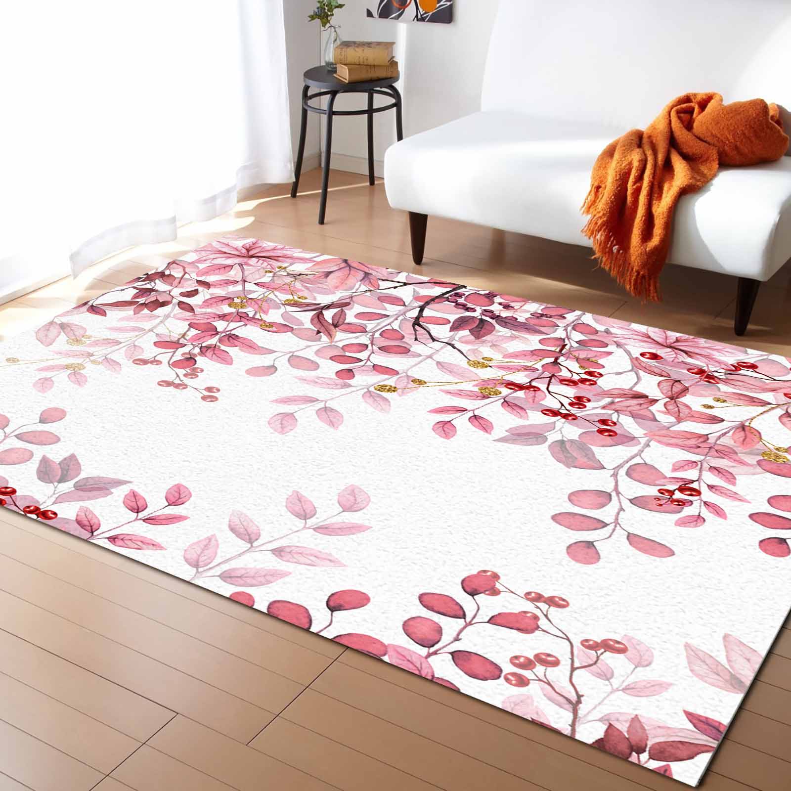 Coral velvet Abstract Pink Leaf Branches Living Room Floor Mat Children ...