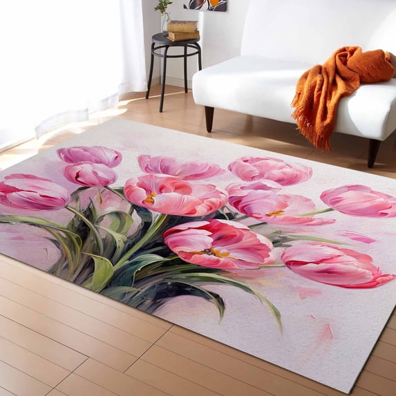 Coral velvet Easter Pink Tulip Oil Painting Abstract Living Room Floor Mat Children's Bedroom Bedside Carpet Kitchen Door