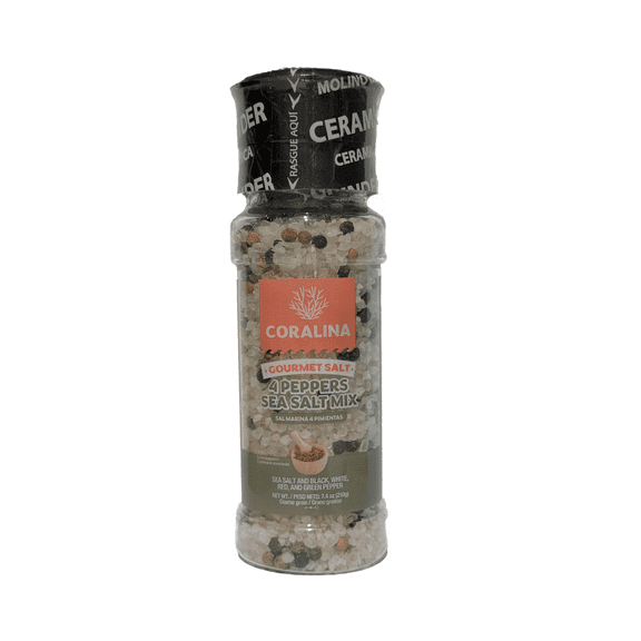 Coralina Four Pepper Sea Salt – Exquisite Blend of Black, White, Green & Red Pepper. Adds Depth & Spice to Any Dish. Refillable Ceramic Grinder. Gluten-Free