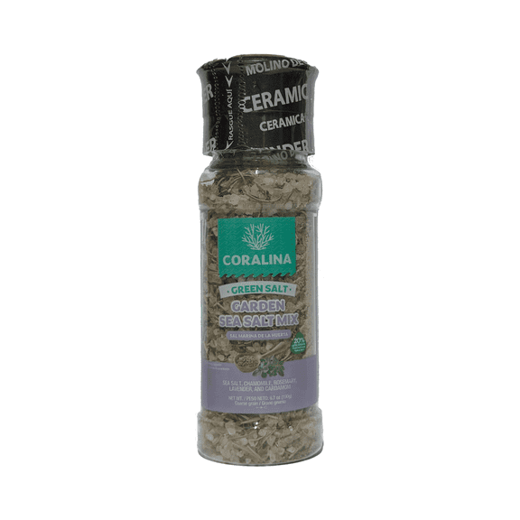 Coralina Garden Sea Salt - Reduced Sodium 20% – Herbal Blend with Chamomile, Rosemary and Lavender. Sophisticated and Aromatic. Refillable Ceramic Grinder