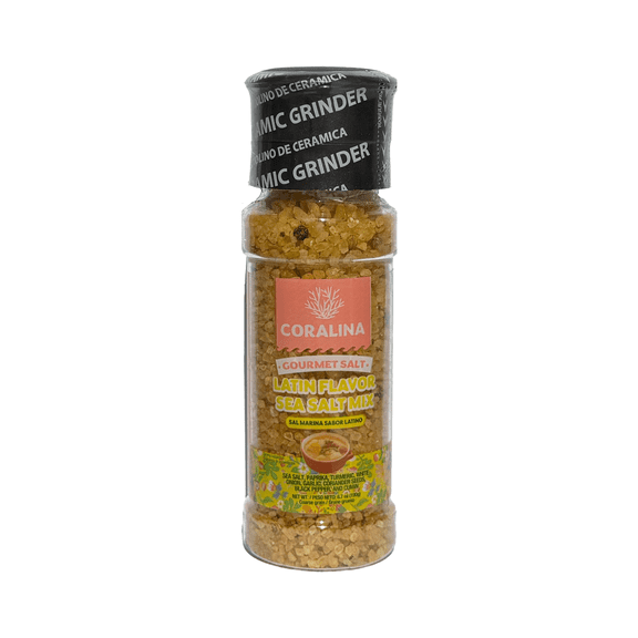 Coralina Latin Flavor Sea Salt  Vibrant Blend with Paprika, Turmeric & Coriander. Authentic Latin Taste for Meats, Rice & Beans. Refillable Ceramic Grinder. Gluten-Free