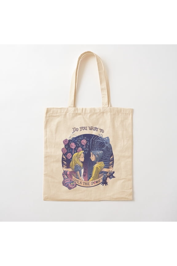 Coraline And Alice Open The Door Canvas Tote Bags, Reusable Shopping Bag