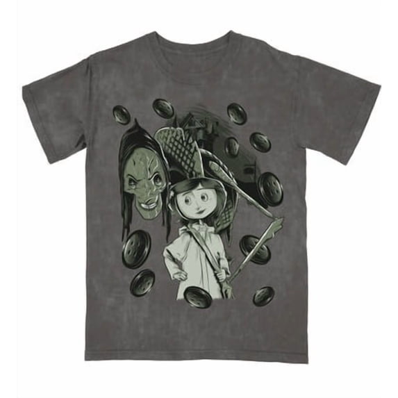 Coraline And Other Mother With Buttons on Men's Charcoal Mineral Wash Short Sleeve Tee -Large