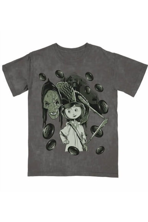 Coraline And Other Mother With Buttons on Men's Charcoal Mineral Wash Short Sleeve Tee -Large