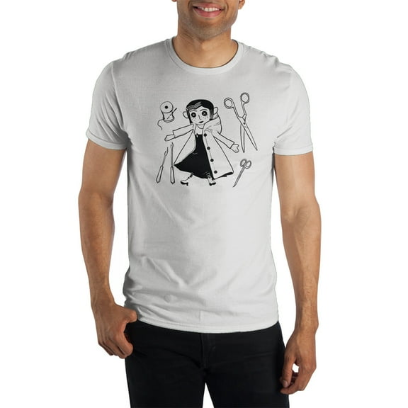 Coraline Animated Movie Mens White Short Sleeve Graphic Tee Shirt-L