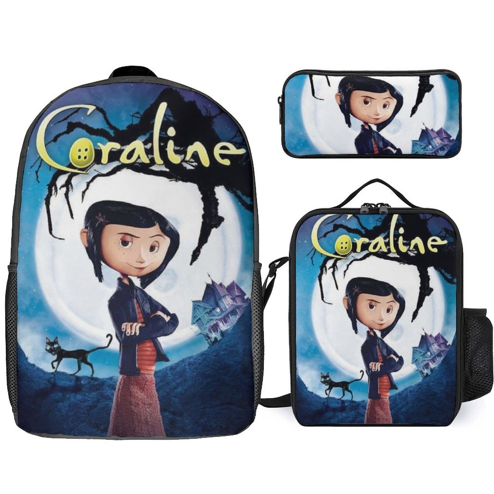 Coraline Backpack Messenger Bag Lunch Bag Pencil Case Set 17 Inch