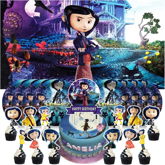 Coraline Birthday Party Decor Set - 5x2.3ft Backdrop Banner, Paper Plates, Cake Toppers & Fan Decorations