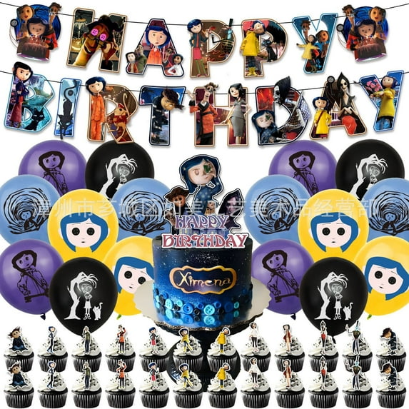 Coraline Birthday Party Decorations, Cute Cartoon Theme Style Party Supplies Include Happy Birthday Banner, Cake Toppers, Small Cupcake Toppers, Latex Balloons Set