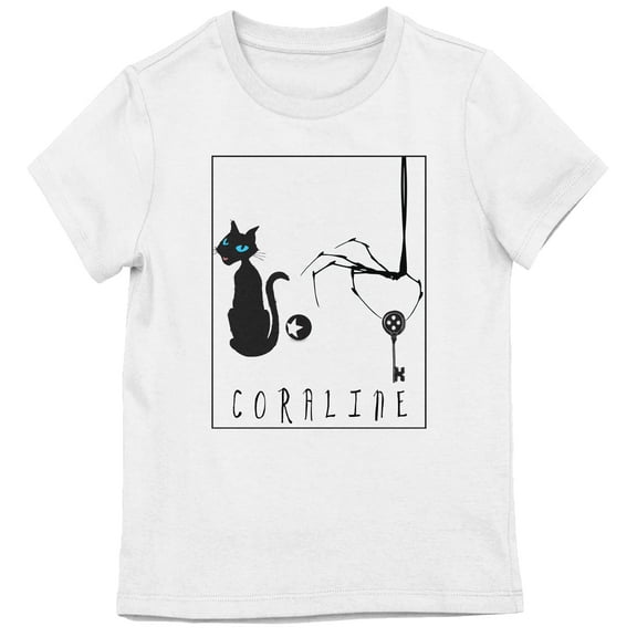 Coraline Black Cat & Other Mother With Key Youth Girl's White Crew Neck Short Sleeve T-shirt - Medium