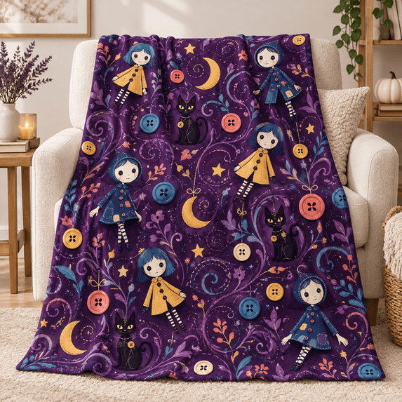 Coraline Button Eyes Character Plush Blanket, Dark Fantasy Cartoon ...