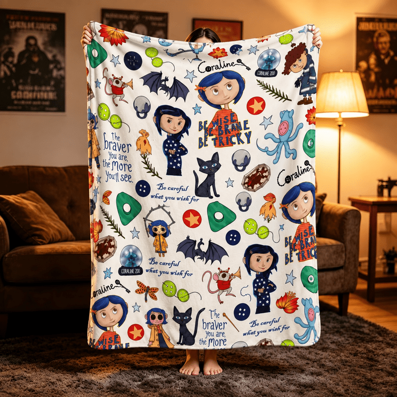 Coraline Cartoon Flannel Blanket, Halloween Button Eye Black Cat Design ...