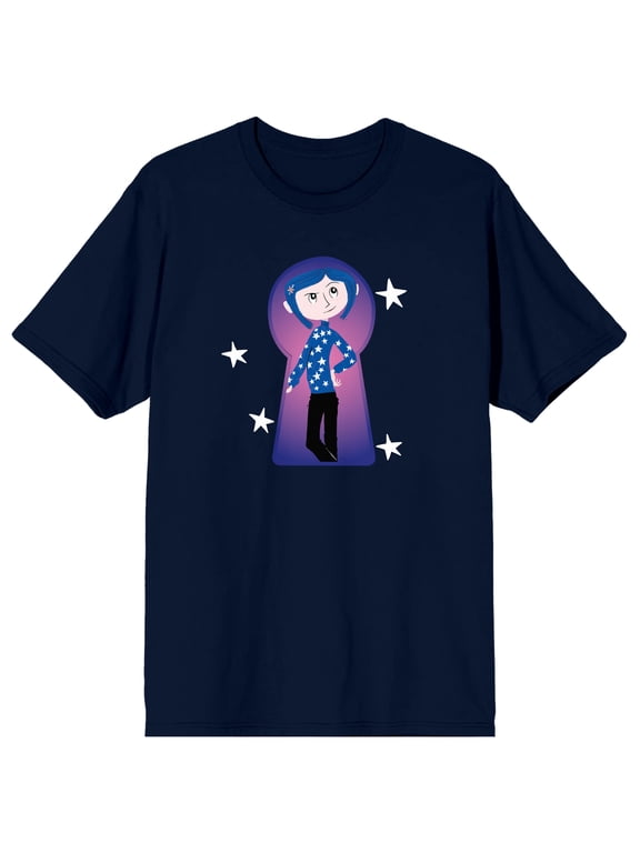 Coraline Coraline in Key Hole Frame White Stars on Navy Ground Adult Crew Neck Short Sleeve T-shirt - Small