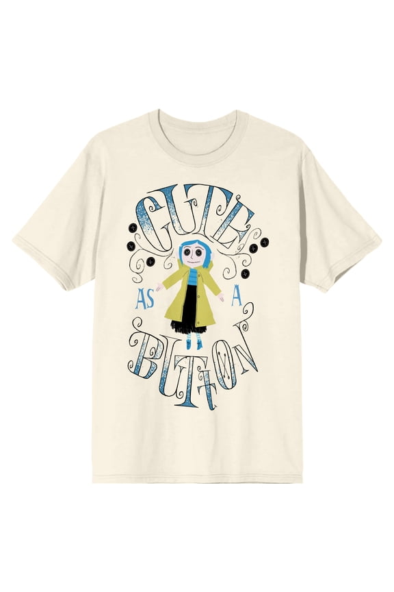 Coraline Cute Button Crew Neck Short Sleeve Natural Men's T-shirt-Small