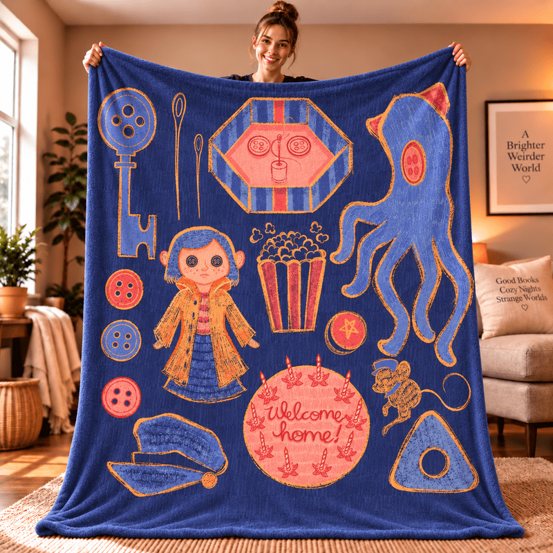 Coraline Flannel Blanket, Button Key Octopus Character Icon Collage ...