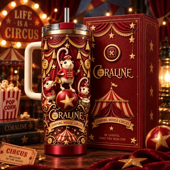 Coraline Jumping Mouse Circus 40oz Tumbler with Handle and Straw, Red Gothic Travel Cup, Coraline Inspired Drinkware, Halloween Tumbler, Spooky Season Gift, Movie Fan Gift