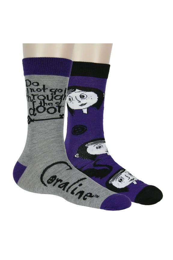 Coraline Movie 2-Pack Casual Novelty Button Cat and Quotes Character Knit Men's Crew Socks Fits Men's Shoe Size 8-12