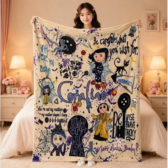Coraline Movie Quote Collage Button Eye Gothic Flannel Fleece Throw Blanket