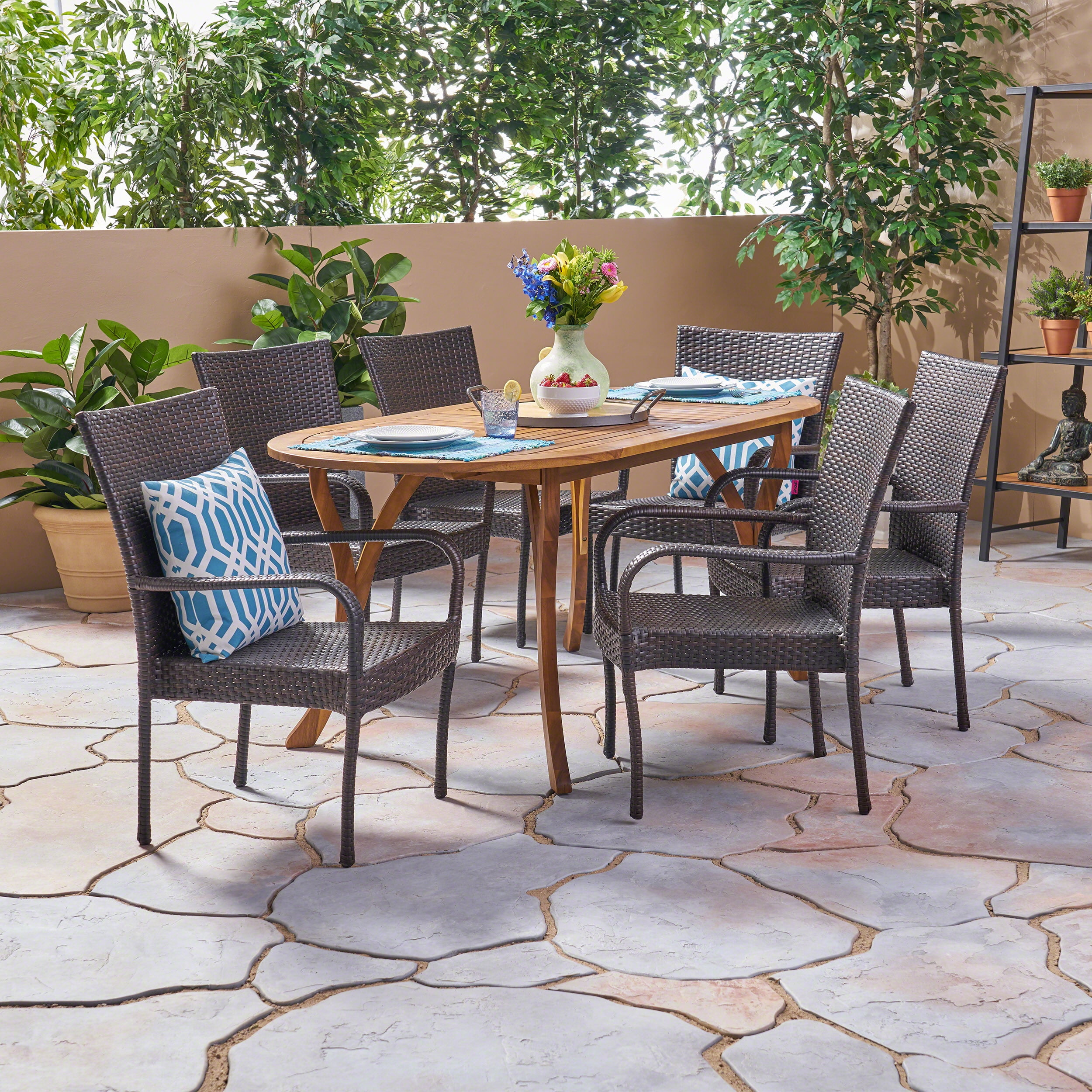 Coraline Outdoor 7 Piece Acacia Wood and Wicker Dining Set, Teak, Multi Brown