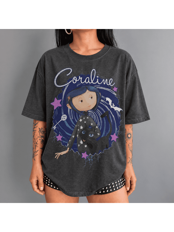 Coraline The Cat Swirl And Stars Gothic Fantasy Graphic T-Shirt