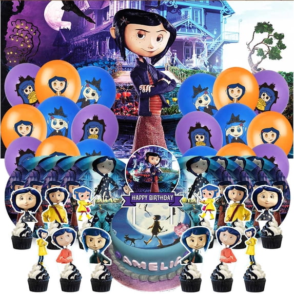 Coraline Themed Birthday Party Decor Set - Balloons, Paper Plates, Cake Toppers, Tableware & 5x2.3ft Backdrop Banner
