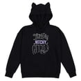 thumbnail image 1 of Coraline Twitchy Witchy Girl Text with Iridescent Black Sequins and Chenille Embroidery on Black Cat hoodie Adult-Medium, 1 of 5