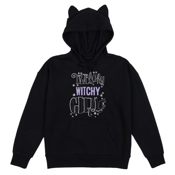 Coraline Twitchy Witchy Girl Text with Iridescent Black Sequins and Chenille Embroidery on Black Cat hoodie Adult-Medium