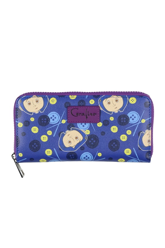 Coraline Womens Buttons and Needles Faux Leather Full Zip Around Wallet