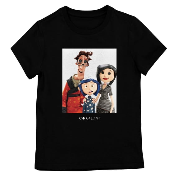 Coraline with Other Mother and Other Father, Movie Title Text, on Black Girls T-Shirt-XXL