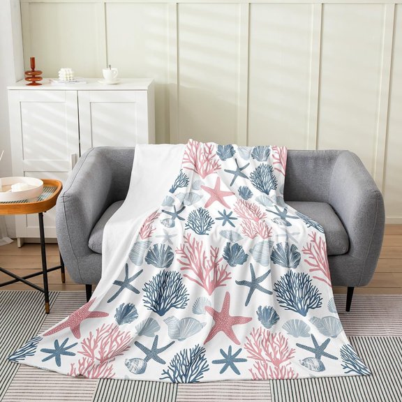 Corals Coastal Fleece Kids Throw Blanket Nautical for Sofa Couch Starfish Flannel Blanket Plush Fuzzy Beach Themed Summer Coastal for Bed Chair Living Room 30" x 40"