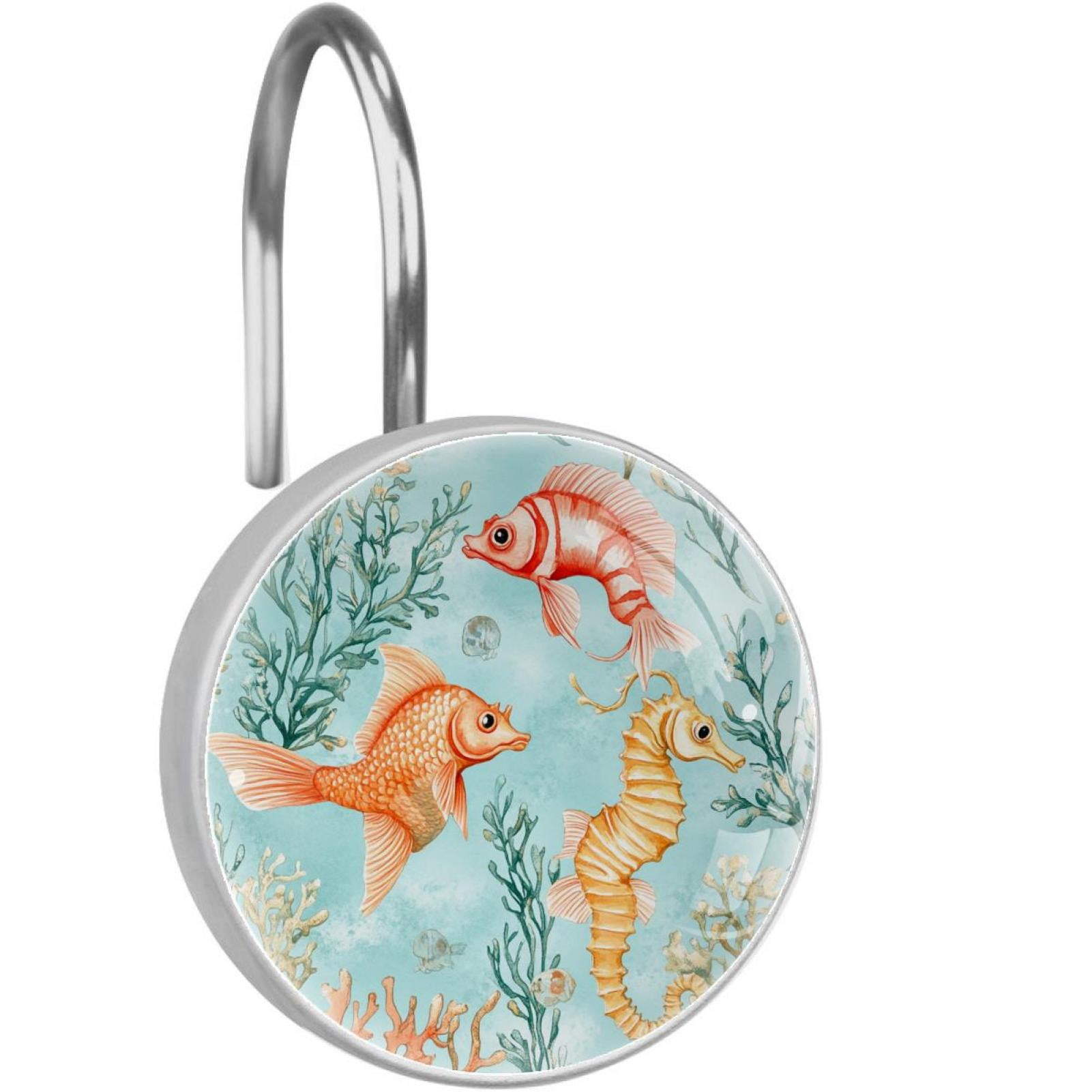 Corals Seahorse Fishes Shower Curtain Hooks Round Crystal Glass, Set of 12 Shower Curtain Rings - Shower Hooks for Curtain Shower Rings