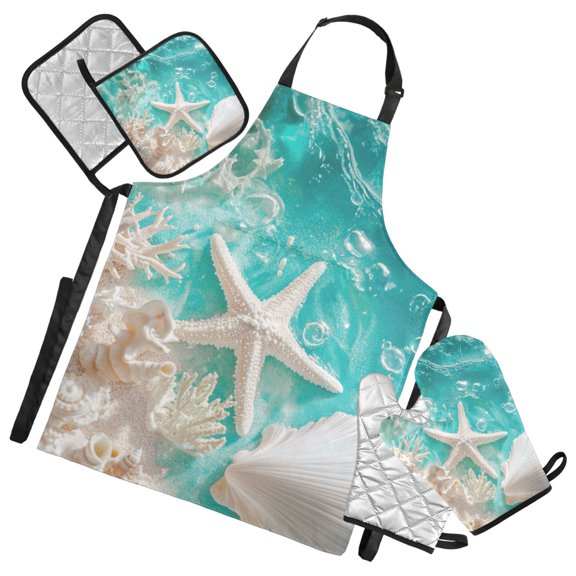 Corals Shells Starfish Seaside Apron Set with Oven Mitts Pot Holders Set of 5 Kitchen Stuff Accessories