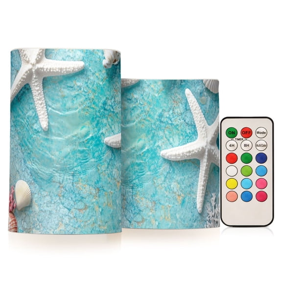 Corals Shells Starfishes Flickering Flameless Candles LED Tealight Battery Operated with Remote Set of 2 Holiday Decor Ornaments