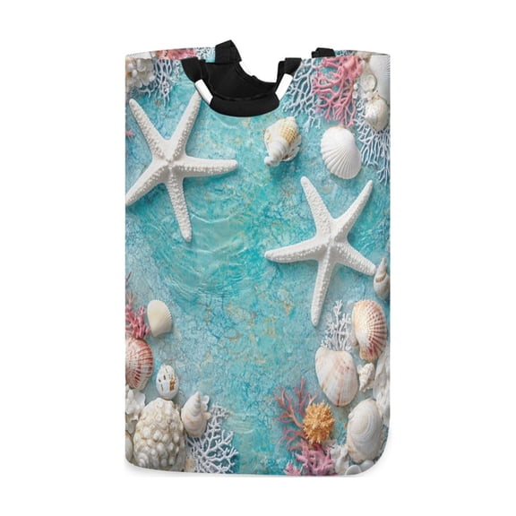 Corals Shells Starfishes Laundry Basket with Handles Foldable Laundry Hamper Freestanding Washing Bin 50L