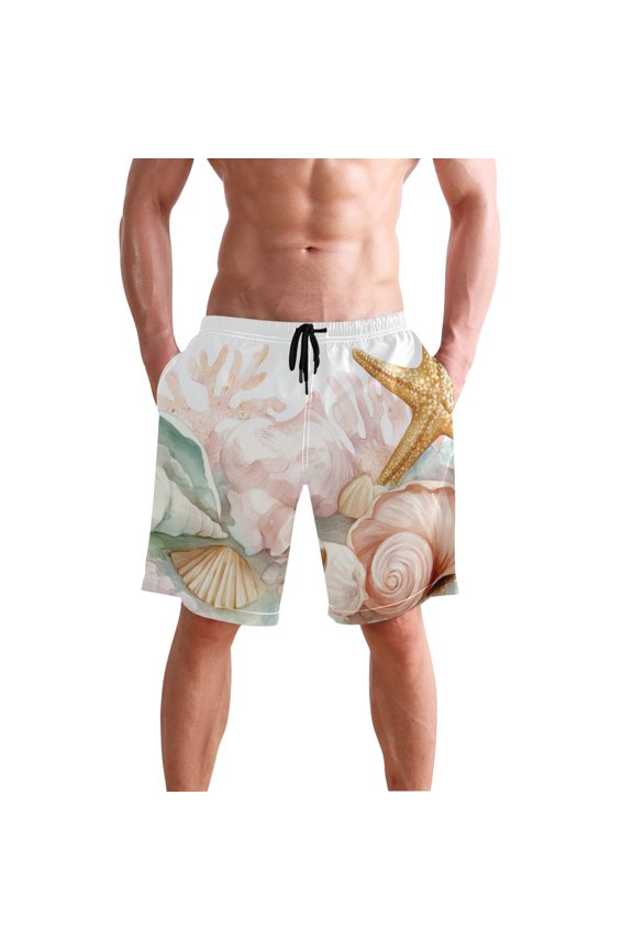 Corals Shells Starfishes Watercolor Style Men's Swim Trunks Beach Shorts Bathing Bottoms L