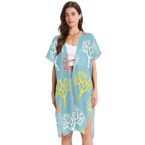 Corals Women Swimsuit Cover up V Neck Beach Dress Short Sleeve Vacation Outfits Swimwear