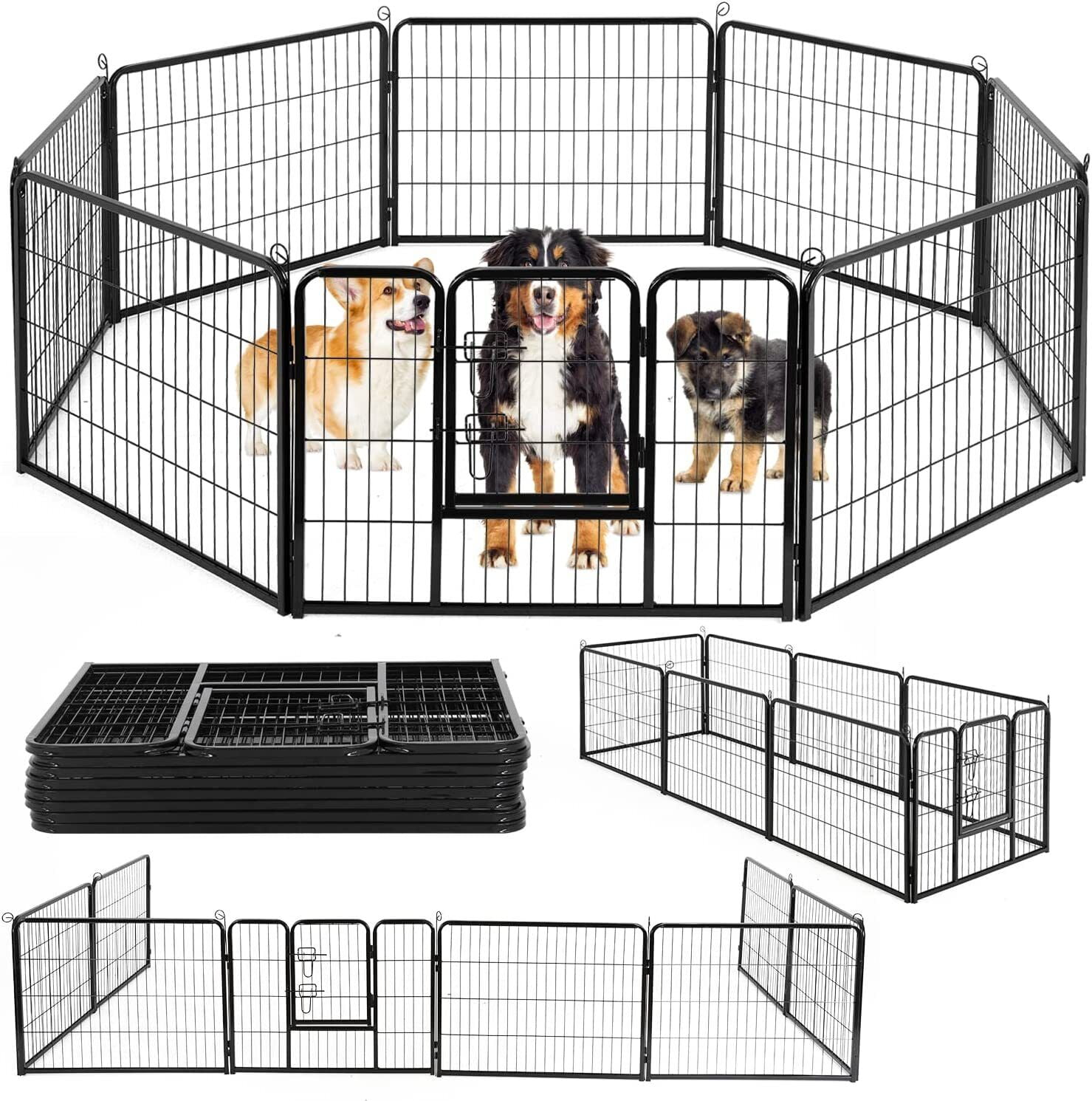 32-Inch Black Metal Portable Pet Playpen with Door