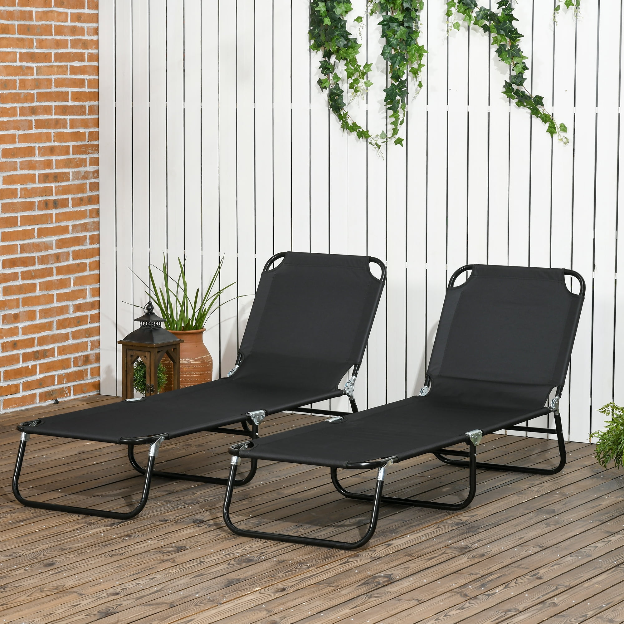 Outsunny Black Steel Frame Folding Chaise Lounge Set of 2
