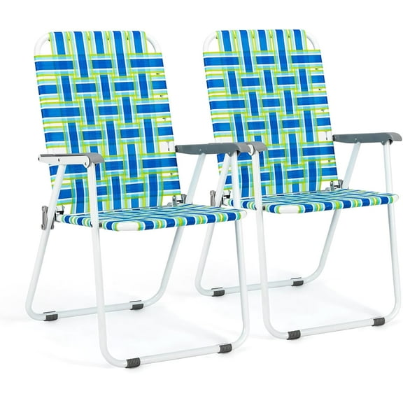 Coraluna Patio Lawn Webbed Folding Chairs Set of 2, Outdoor Beach Portable Lawn Chair Camping Chair Beach Chair for Yard, Garden Dining (Blue, Classic)