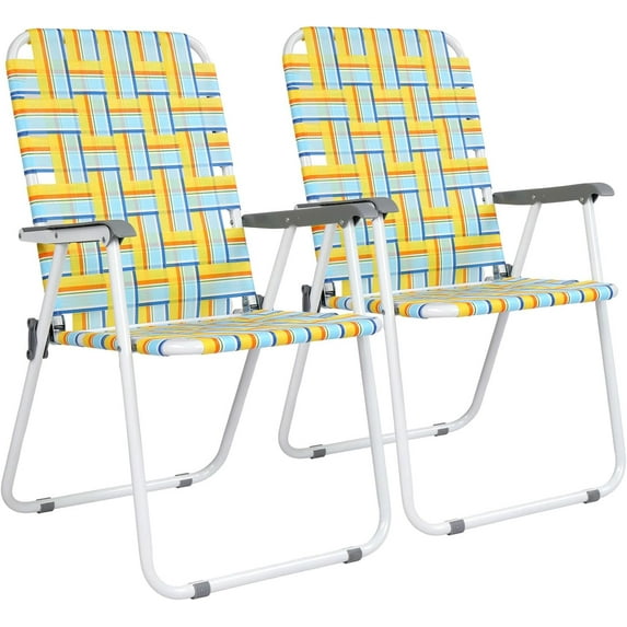 Coraluna Patio Lawn Webbed Folding Chairs Set of 2, Outdoor Beach Chair Portable Dining Chair for Outdoor Yard, Garden (Yellow, Classic)