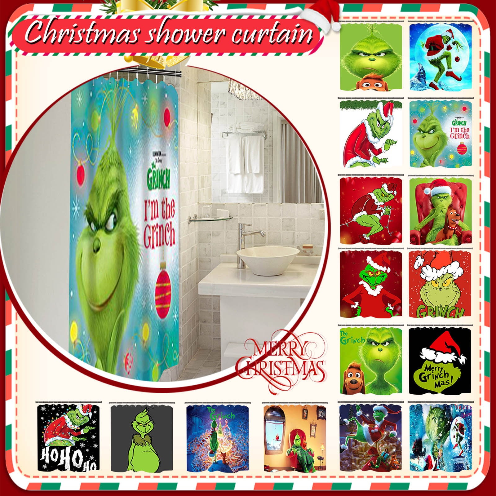 Corashan Bathroom Grinch Shower Curtain, Christmas Toilet Green Elf
