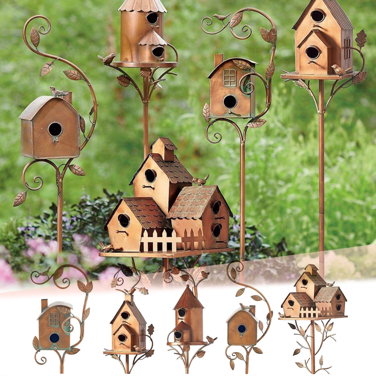 Corashan Birdhouse Garden Stakes, Metal Bird House with Pole, Large