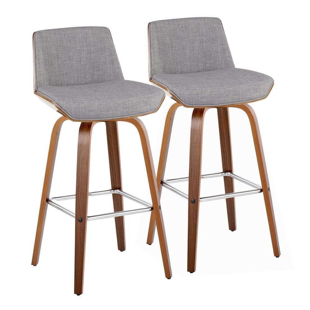 Walnut and Light Gray Swivel Barstools with Chrome Footrest, Set of 2