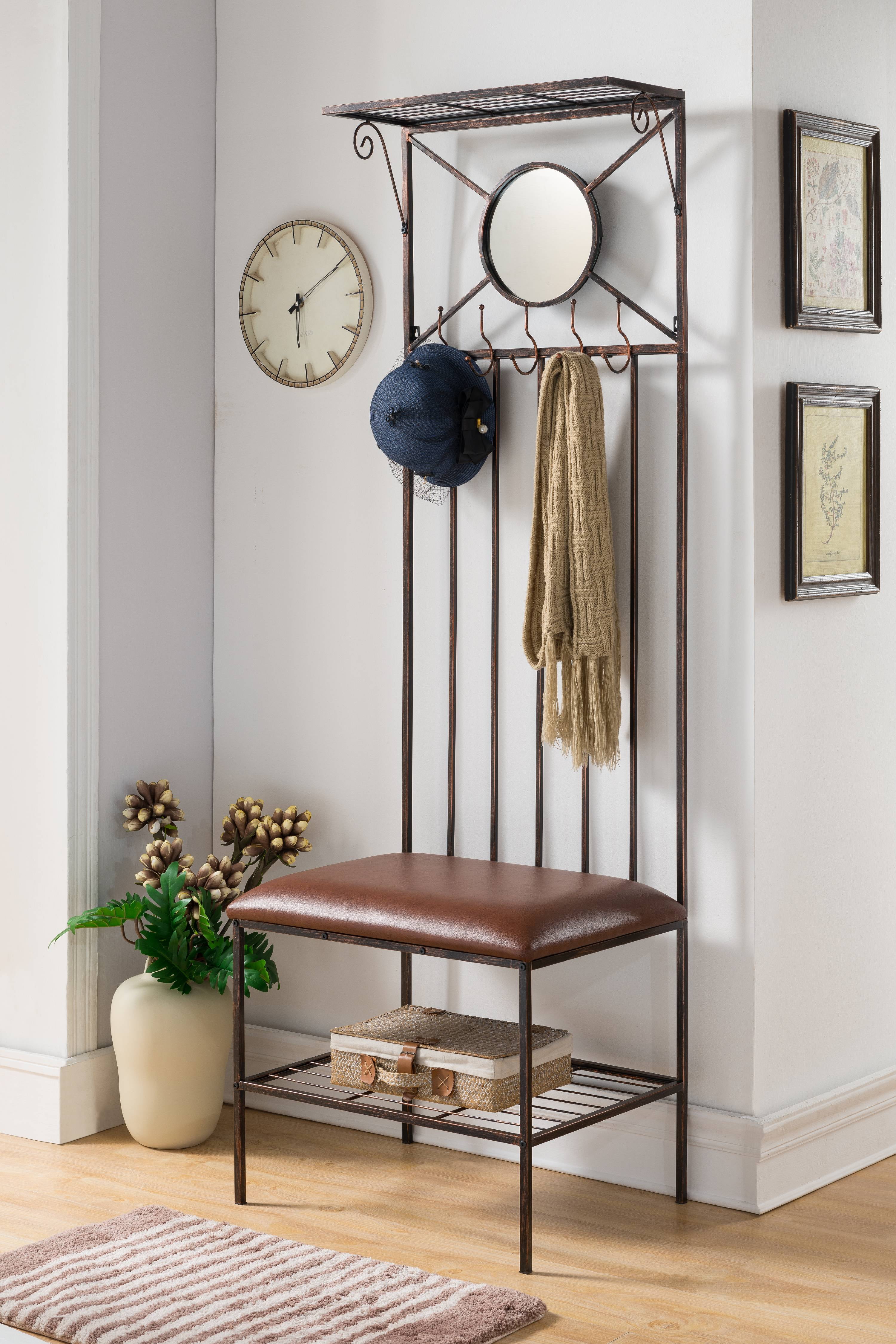 Corben Copper Metal Entryway Storage Bench & Tree Coat Rack with Mirror.