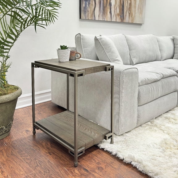 Corbeta Living Room Chairside Table with Shelf - Metal Frame & Hardwood Solid