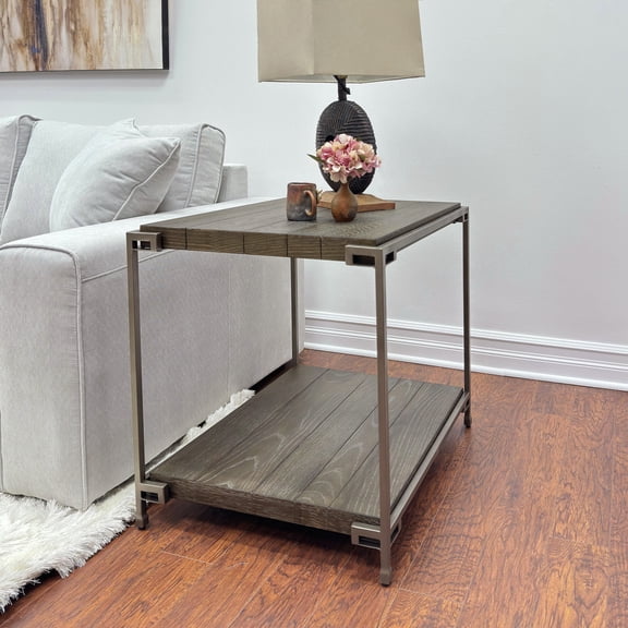 Corbeta Metal Frame Wood End Table with Shelf Aged Graphite Finish