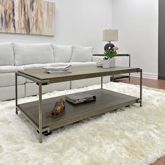 Corbeta Metal Frame Wood Living Room Coffee Table with Casters - Brown - Exquisite Craftsmanship and Durability - Living Room, Entryway - Durable