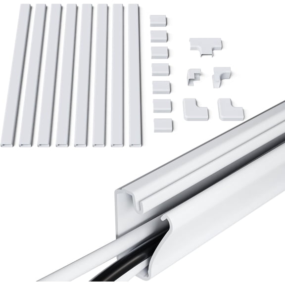 Cord Cover for Wires On Wall - Peel & Stick Cable Hider Channel with 10 feet of Plastic Raceway Plus Connector Pack Ideal Mounted TVs White