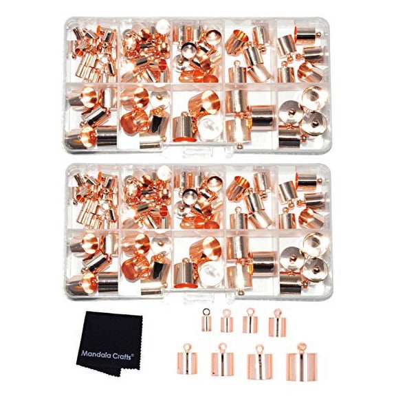 Cord End Cap for Jewelry Making, Kumihimo End Cap Finding Kit for Leather, Tassels; Rose Gold 4mm to 12mm 160 PCs by Mandala Crafts
